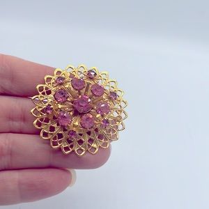 Vintage Granny Cottage Core Pink Austrian Crystals & Gold Tone Brooch / Pin~2”